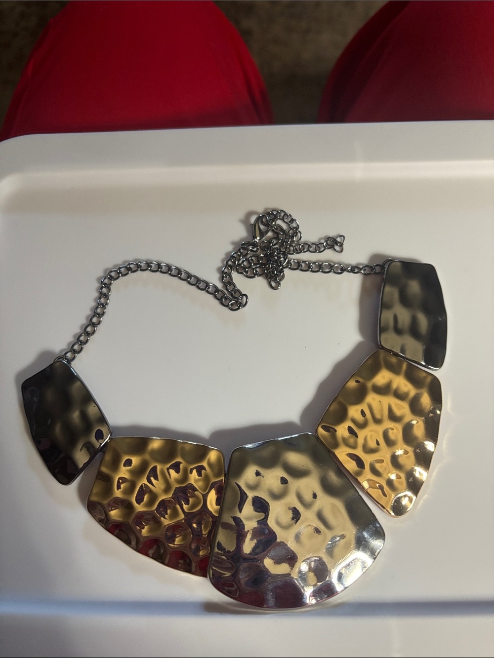 Hammered Two-Tone Metal Statement Necklace - Silver & Gold